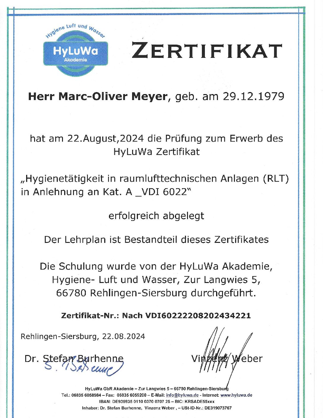 Zertifikat VDI 6022 Kat. A